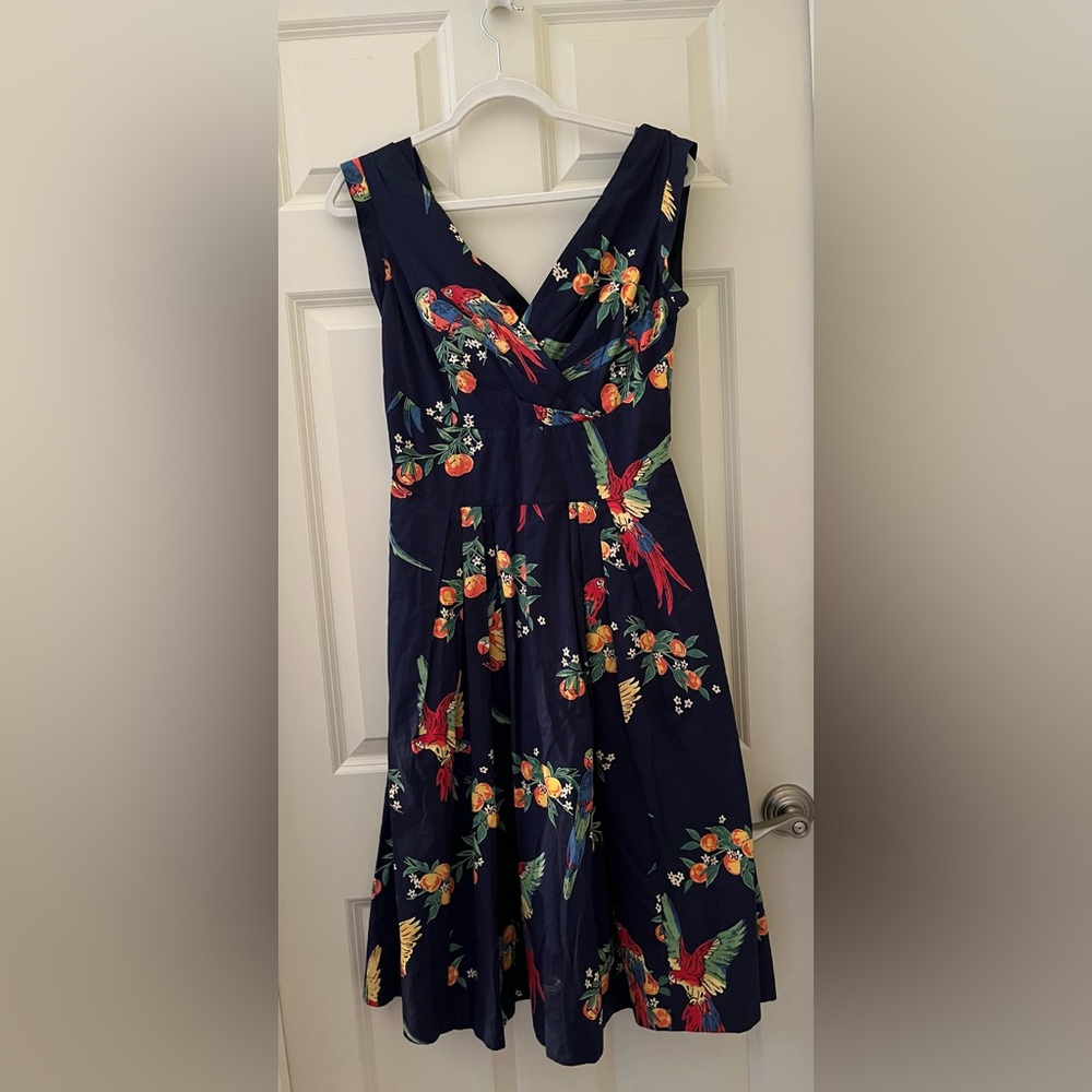 Emily and Fin 50s Florence Playful Parrots Dress Navy 100% Cotton pockets Small